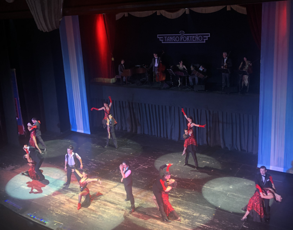 Tango dancers and musicians during a show in Buenos Aires