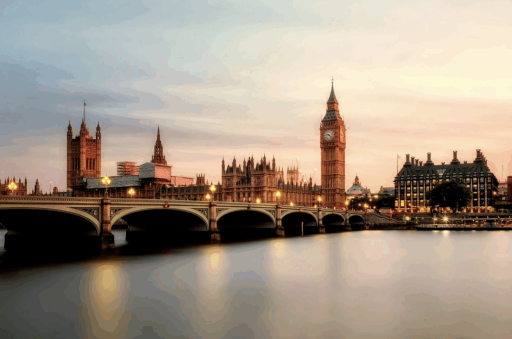 Landscape in London, in Europe, with bridge, Thames river and Big Ben