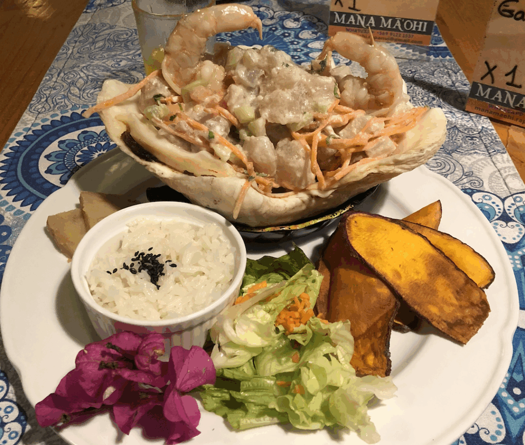 Fish ceviche in Rapa Nui (Easter Island) with sweet potato and salad