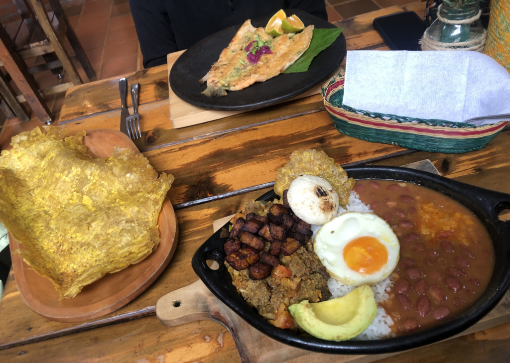 Gluten free meal in Colombia with plantain, beans, rice, avocado, egg